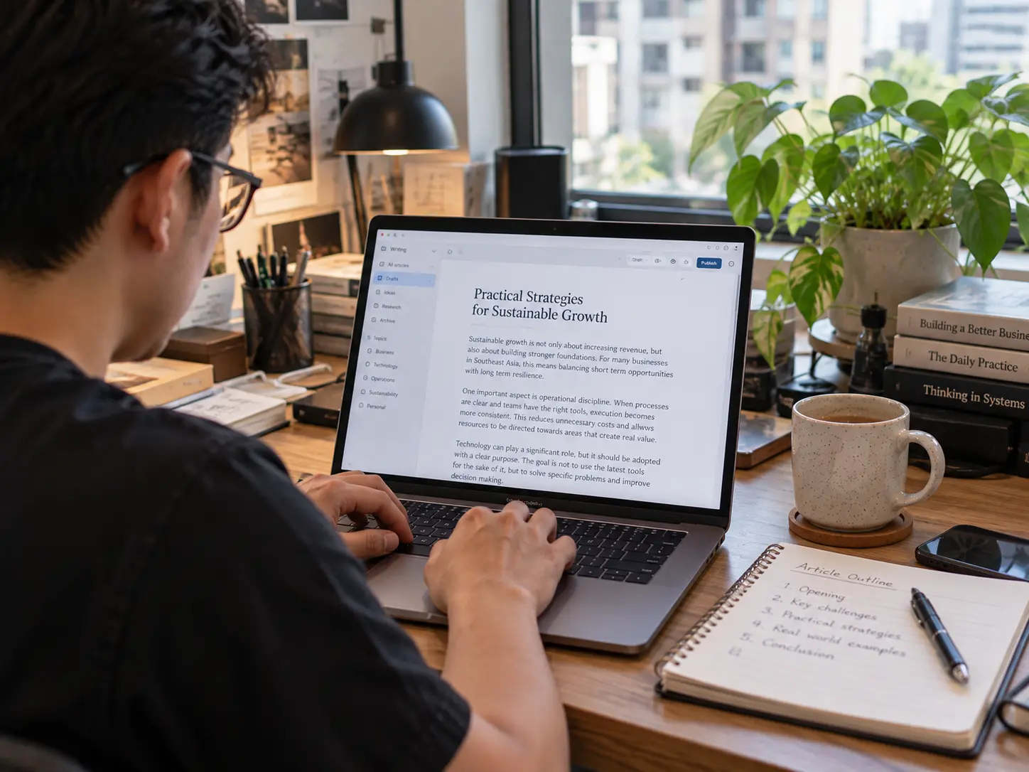 Content writer bekerja dengan laptop dan catatan