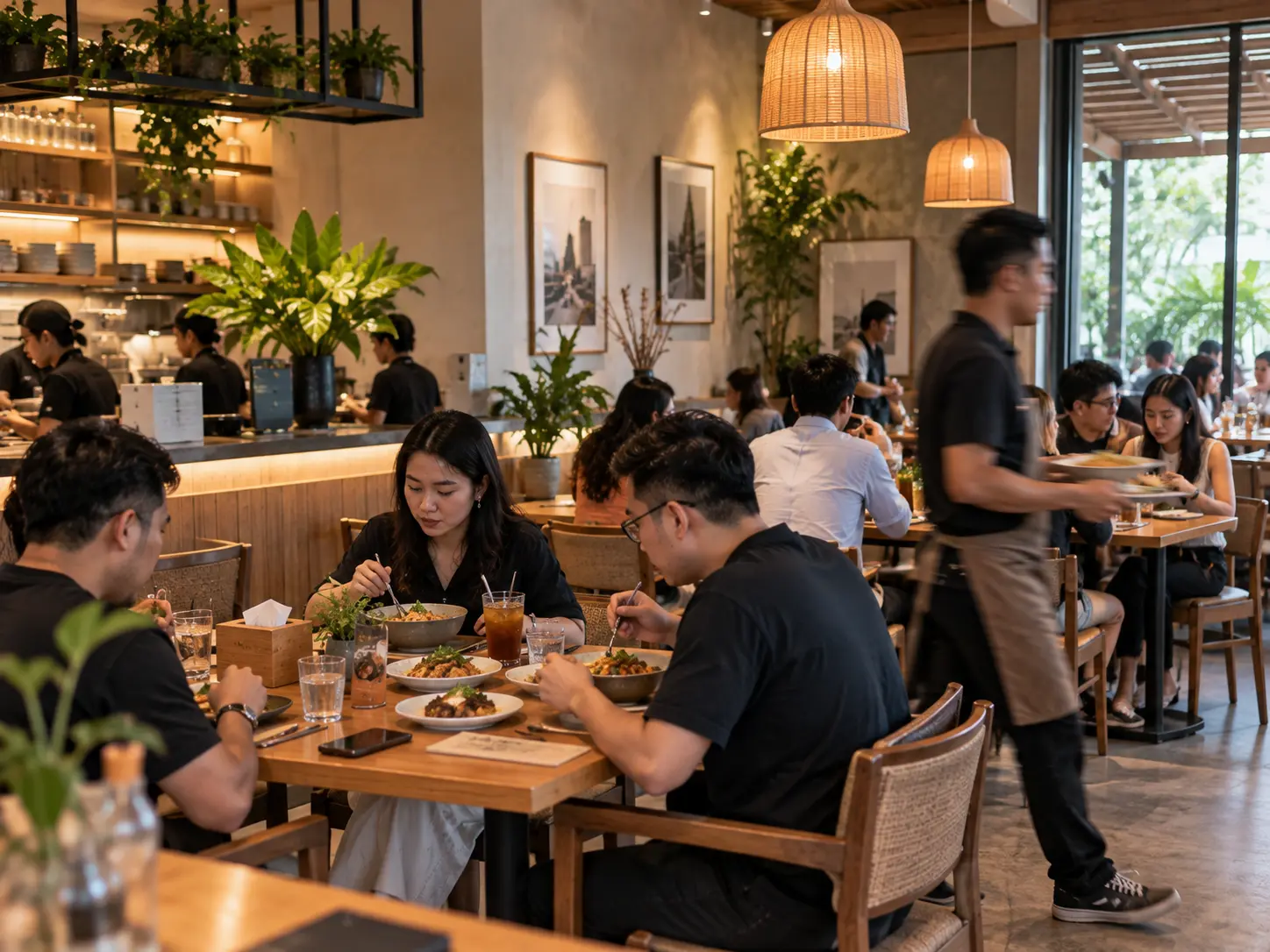 Restoran dan kafe dengan pelanggan sedang makan